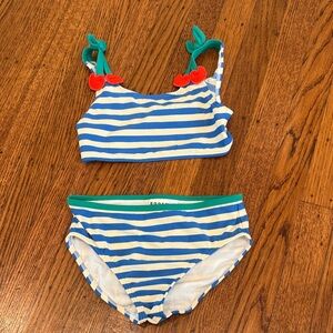 Mini Boden Cherry Strap Blue Stripe Bikini - girls size 6 - 7 years